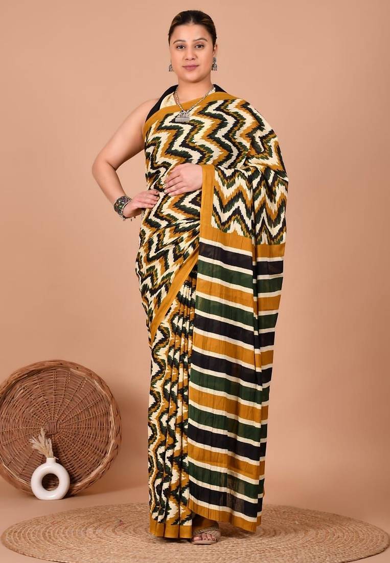 Multicolor soft mul cotton saree with unstiched attached blouse piece