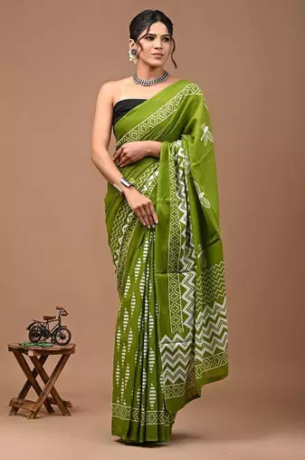 Green soft mul cotton saree with unstiched attached blouse piece