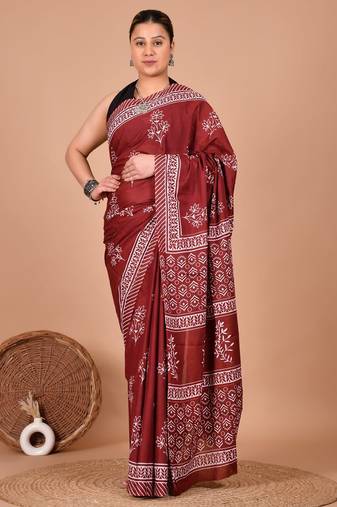 Maroon soft mul cotton saree with unstiched attached blouse piece