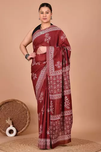 Maroon soft mul cotton saree with unstiched attached blouse piece