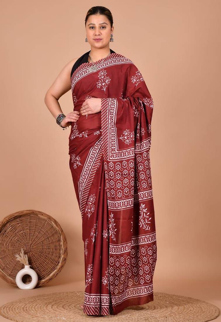 Maroon soft mul cotton saree with unstiched attached blouse piece
