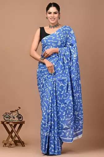 Blue soft mul cotton saree with unstiched attached blouse piece