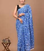 Blue soft mul cotton saree with unstiched attached blouse piece