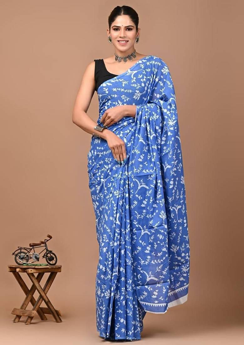 Blue soft mul cotton saree with unstiched attached blouse piece
