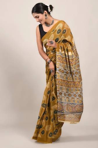 Mustard soft mul cotton saree with unstiched attached blouse piece