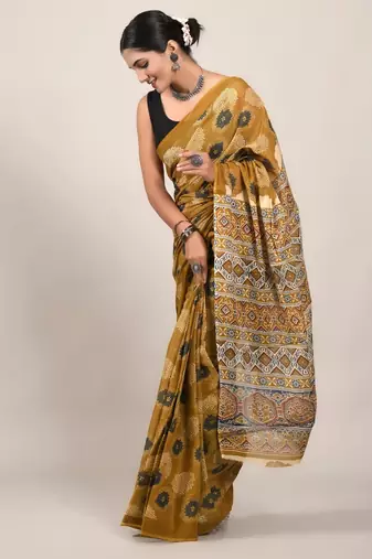 Mustard soft mul cotton saree with unstiched attached blouse piece