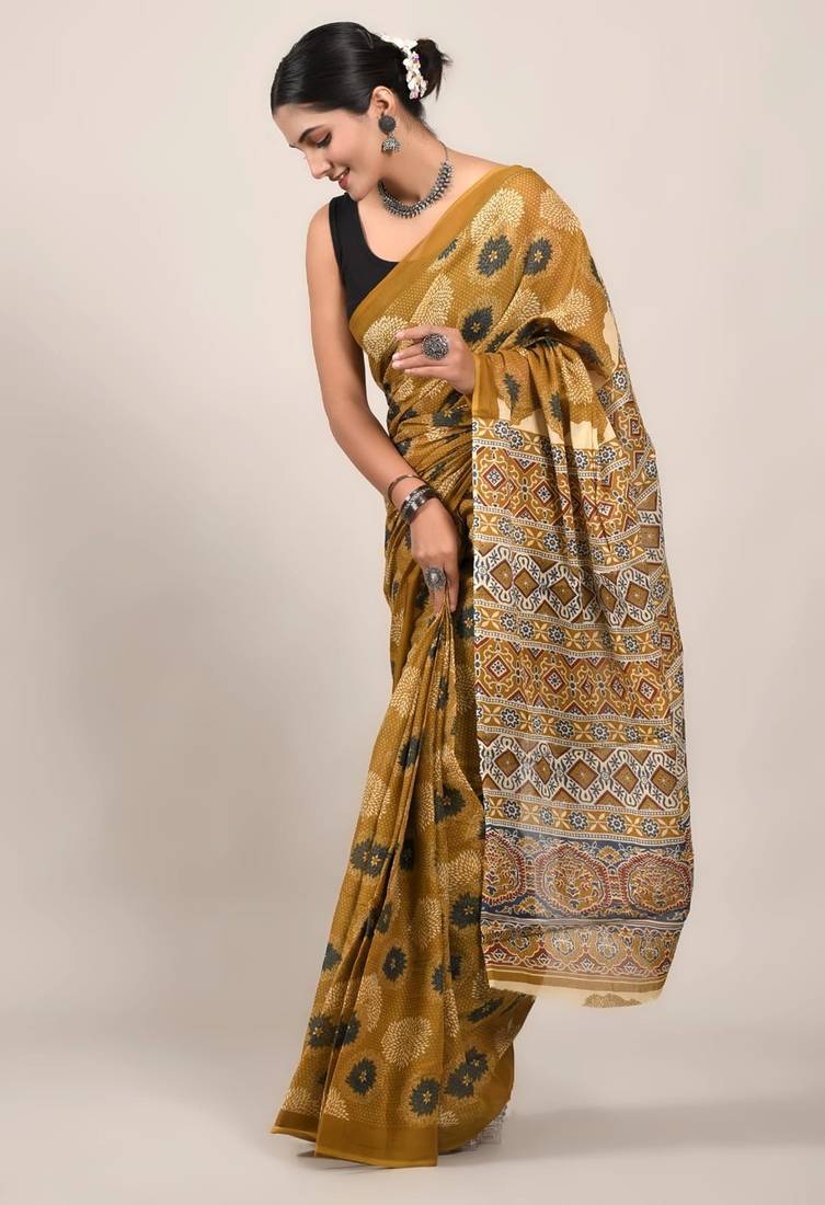 Mustard soft mul cotton saree with unstiched attached blouse piece