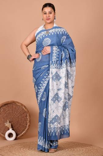 Blue soft mul cotton saree with unstiched attached blouse piece