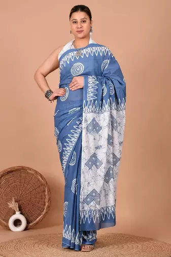 Blue soft mul cotton saree with unstiched attached blouse piece