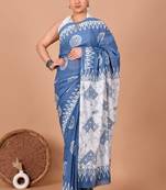 Blue soft mul cotton saree with unstiched attached blouse piece