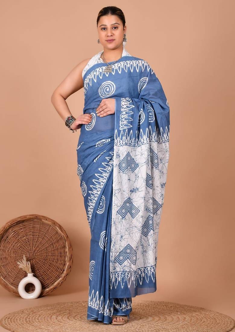 Blue soft mul cotton saree with unstiched attached blouse piece