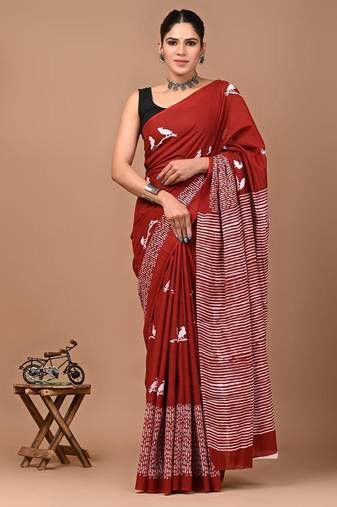 Red soft mul cotton saree with unstiched attached blouse piece