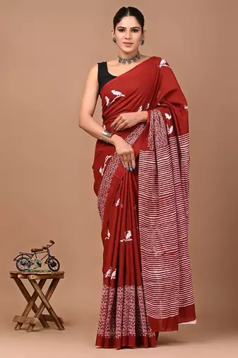 Red soft mul cotton saree with unstiched attached blouse piece