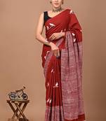 Red soft mul cotton saree with unstiched attached blouse piece