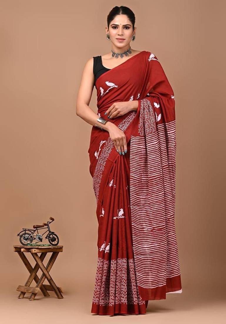 Red soft mul cotton saree with unstiched attached blouse piece