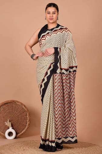 Beige soft mul cotton saree with unstiched attached blouse piece