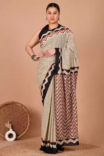 Beige soft mul cotton saree with unstiched attached blouse piece