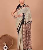 Beige soft mul cotton saree with unstiched attached blouse piece