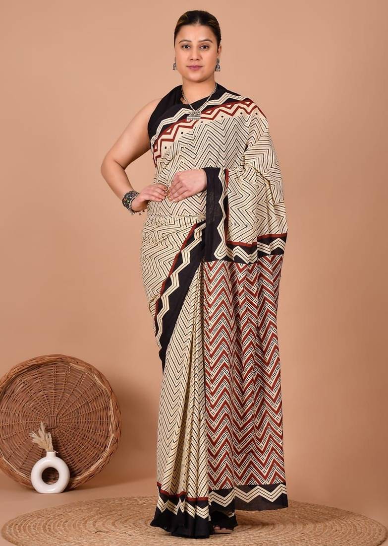 Beige soft mul cotton saree with unstiched attached blouse piece