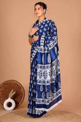 Blue soft mul cotton saree with unstiched attached blouse piece
