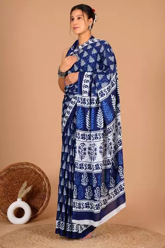 Blue soft mul cotton saree with unstiched attached blouse piece
