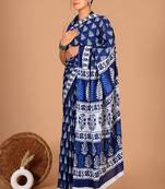 Blue soft mul cotton saree with unstiched attached blouse piece