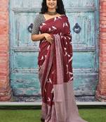 Maroon soft mul cotton saree with unstiched attached blouse piece