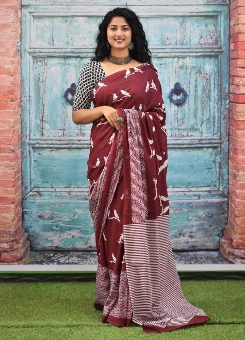 Maroon soft mul cotton saree with unstiched attached blouse piece