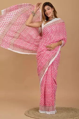 Pink soft mul cotton saree with unstiched attached blouse piece