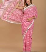Pink soft mul cotton saree with unstiched attached blouse piece