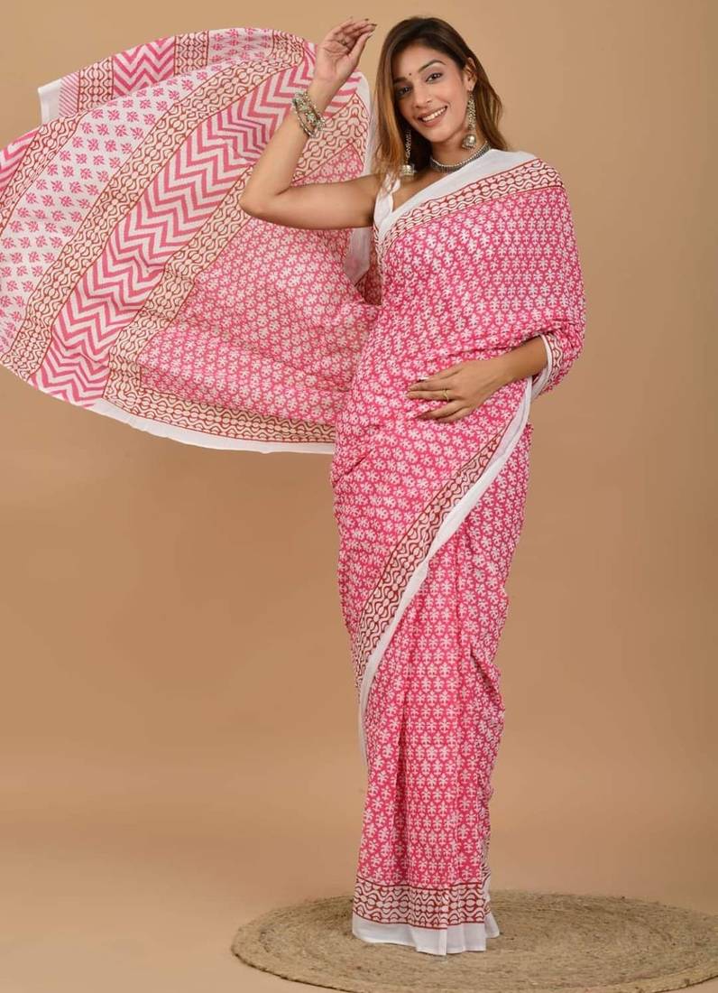 Pink soft mul cotton saree with unstiched attached blouse piece