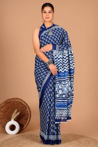 Blue soft mul cotton saree with unstiched attached blouse piece