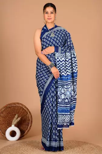 Blue soft mul cotton saree with unstiched attached blouse piece