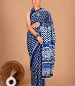 Blue soft mul cotton saree with unstiched attached blouse piece