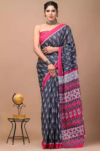 Grey soft mul cotton saree with unstiched attached blouse piece