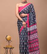 Grey soft mul cotton saree with unstiched attached blouse piece