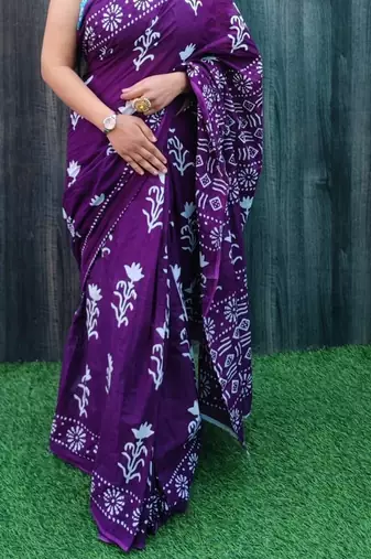 Violet soft mul cotton saree with unstiched attached blouse piece