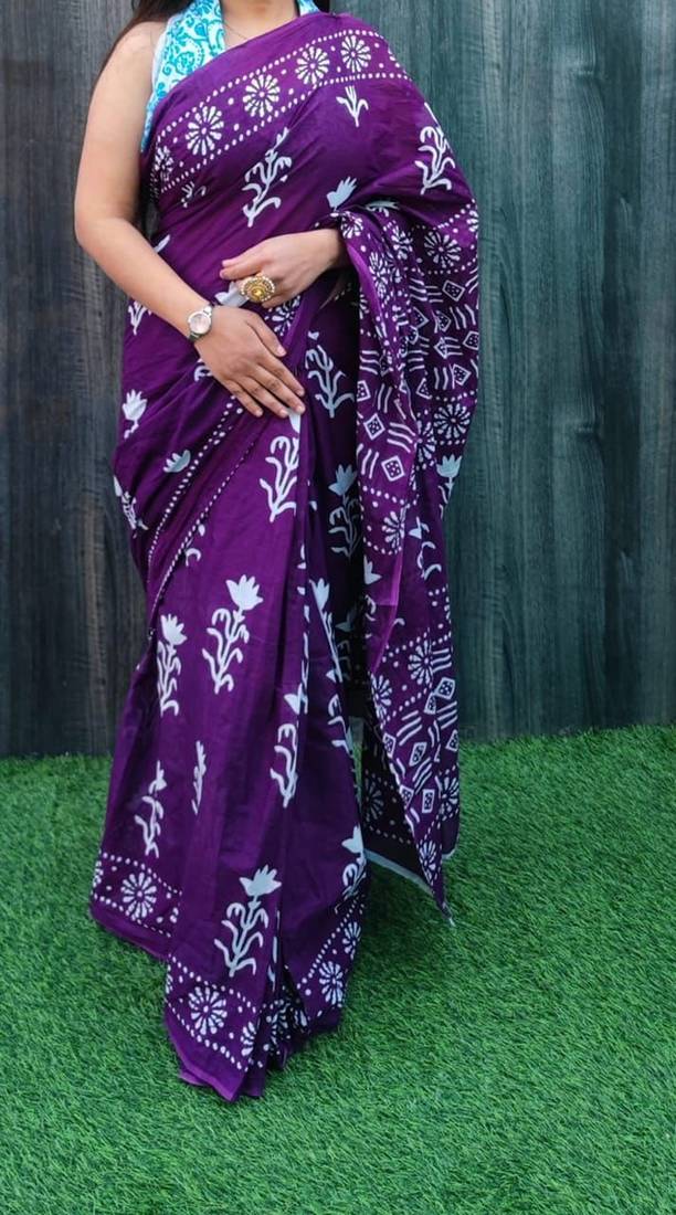 Violet soft mul cotton saree with unstiched attached blouse piece