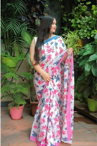 Multicolor soft mul cotton saree with unstiched attached blouse piece