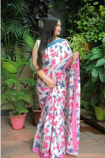Multicolor soft mul cotton saree with unstiched attached blouse piece