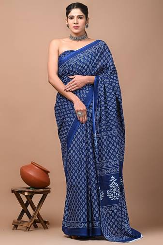 Blue soft mul cotton saree with unstiched attached blouse piece