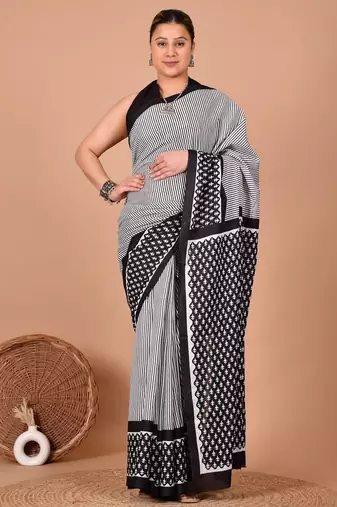 Grey soft mul cotton saree with unstiched attached blouse piece