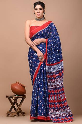 Blue soft mul cotton saree with unstiched attached blouse piece