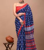 Blue soft mul cotton saree with unstiched attached blouse piece
