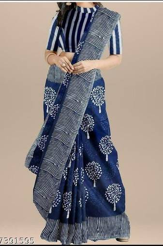 Blue soft mul cotton saree with unstiched attached blouse piece