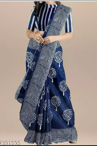 Blue soft mul cotton saree with unstiched attached blouse piece