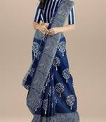 Blue soft mul cotton saree with unstiched attached blouse piece