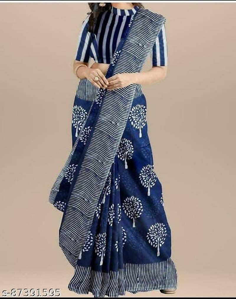 Blue soft mul cotton saree with unstiched attached blouse piece