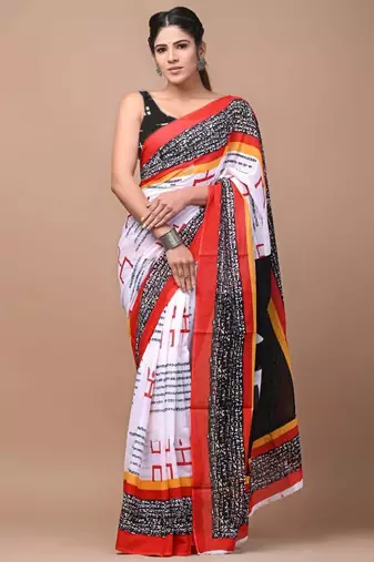 Multicolor soft mul cotton saree with unstiched attached blouse piece
