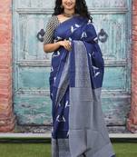 Blue soft mul cotton saree with unstiched attached blouse piece